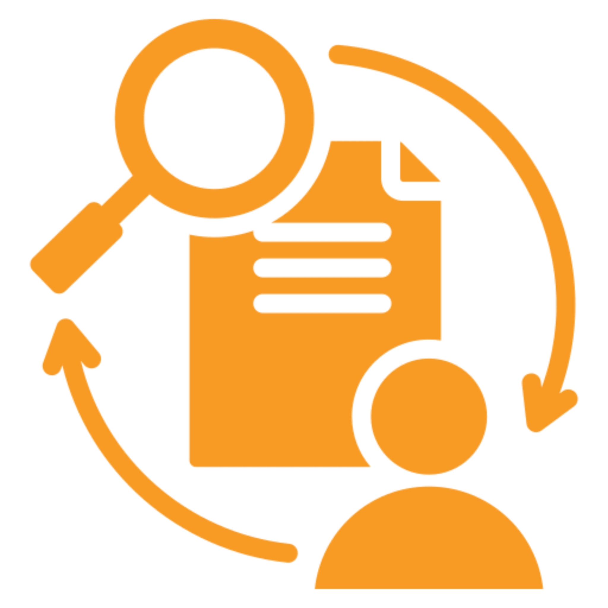 Magnifying glass, document, person, and arrows icon.