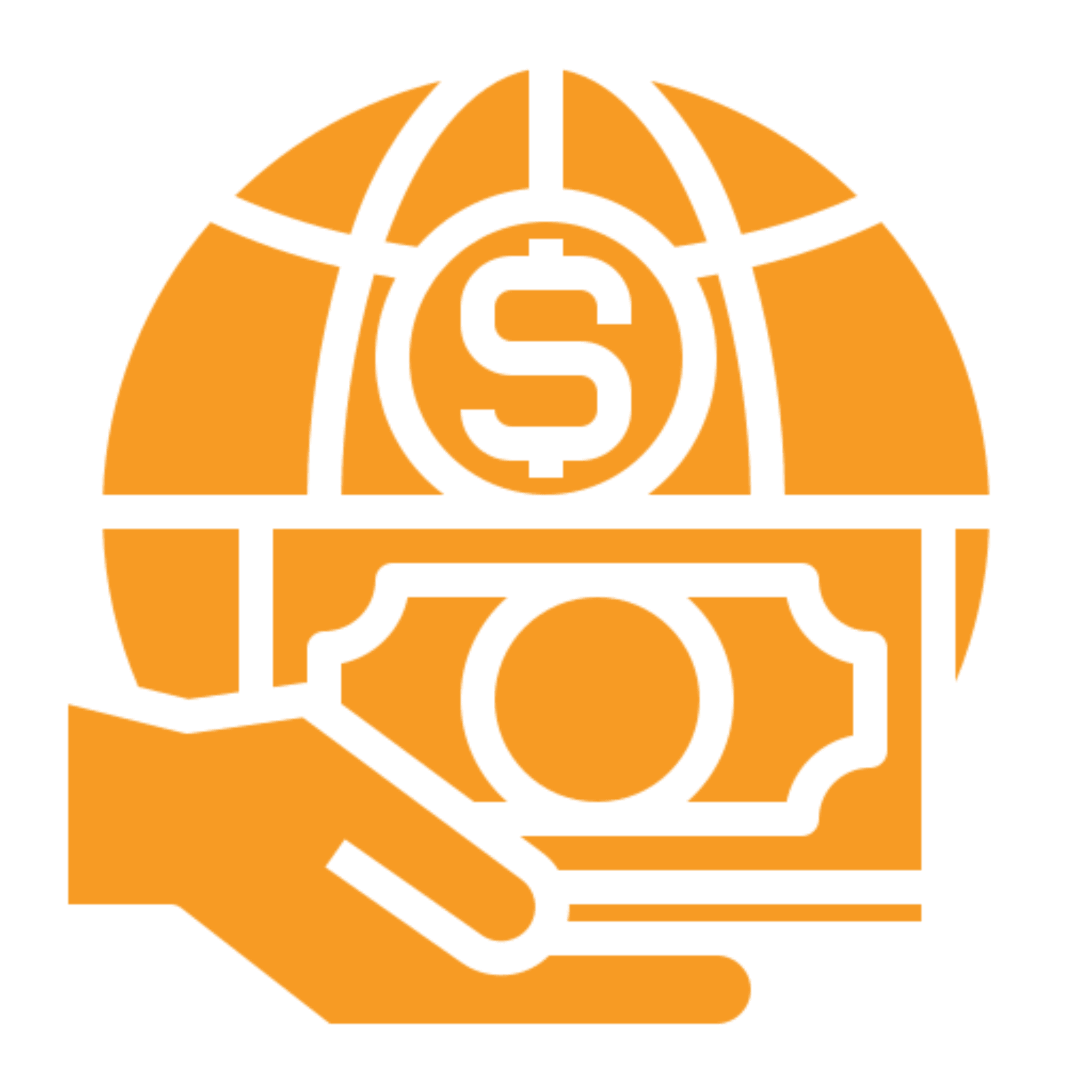 Hand holding money with globe icon.