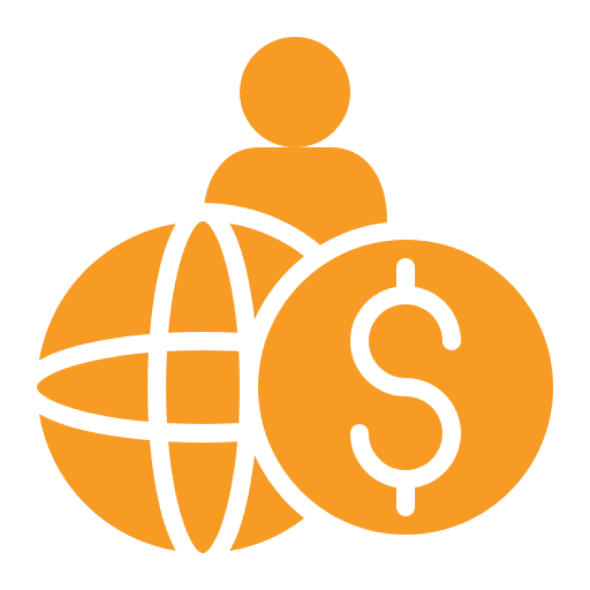 Person, globe, and dollar symbol icon.