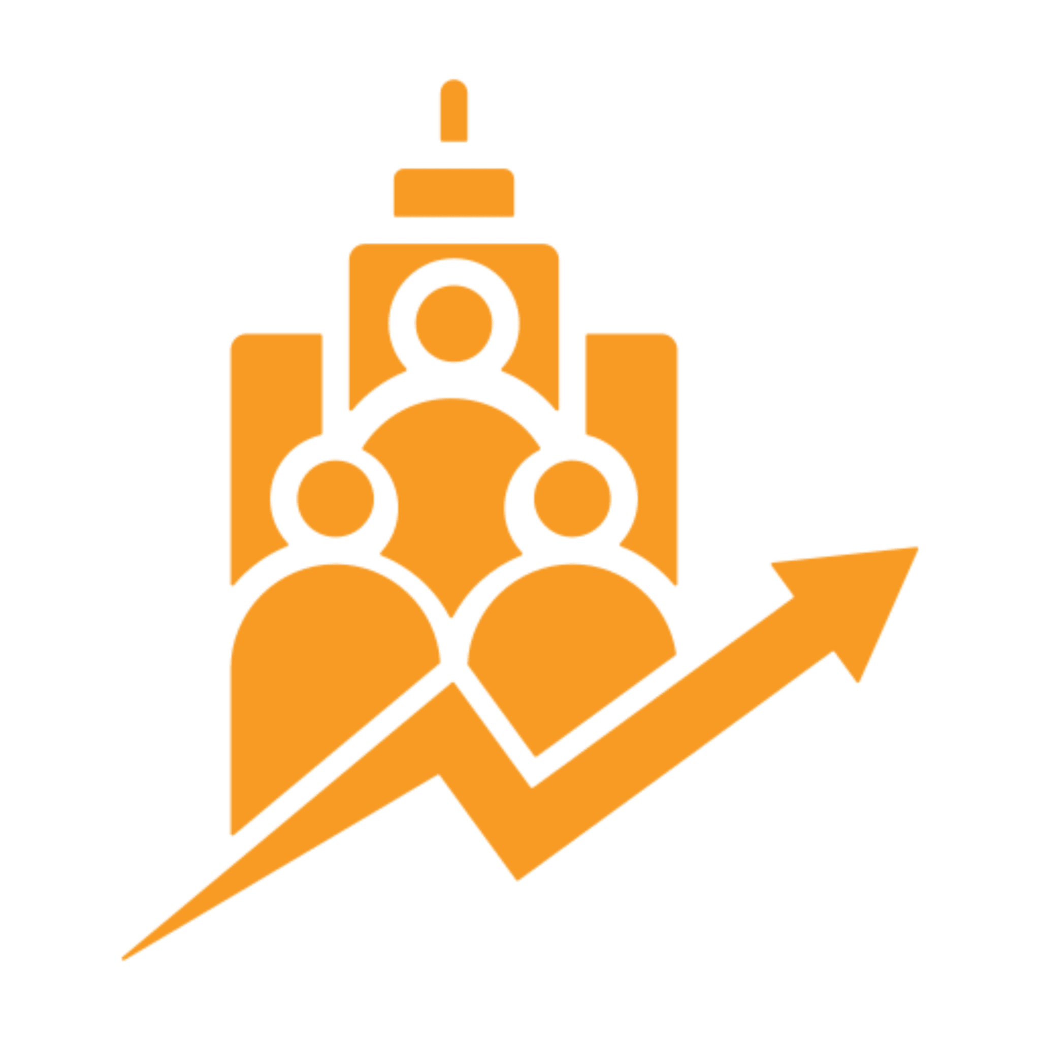 People and arrow with building silhouette.