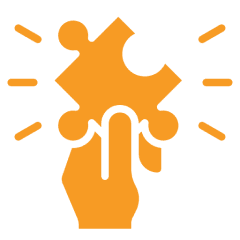 Hand holding puzzle piece, orange design.